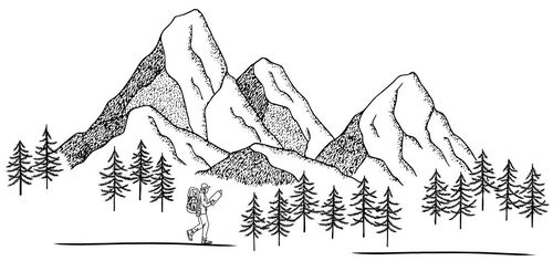 Zeichnung mit Wanderer und Berge