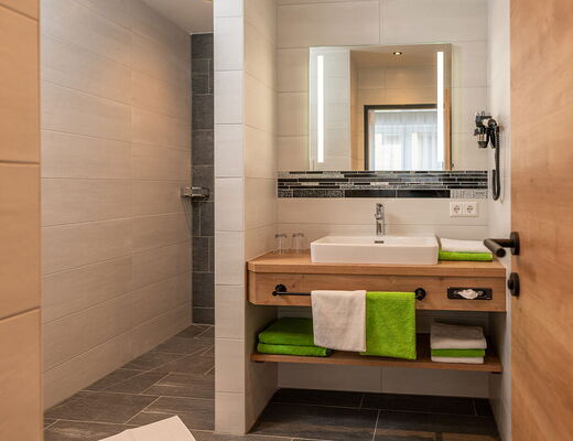 Spacious shower in the nicely designed bathroom