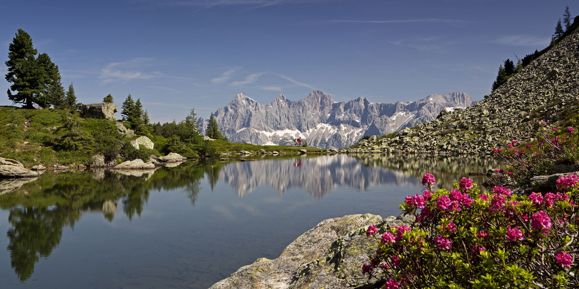 Blick auf den Dachstein vom Spiegelsee beim Wanderurlaub im 4 Sterne Hotel Moser in Rohrmoos Schladming